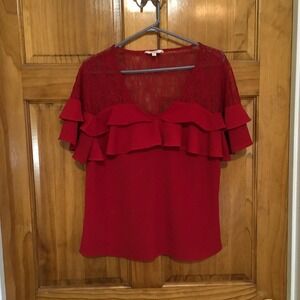 Candies Red Lace Ruffle Blouse Medium Short‎ Sleeve Top Women's